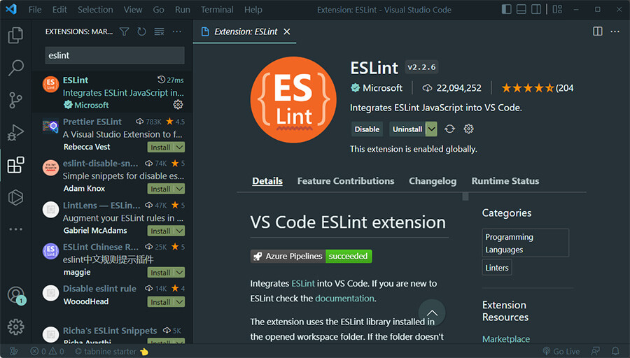 Extensión de ESLint en Visual Studio Code