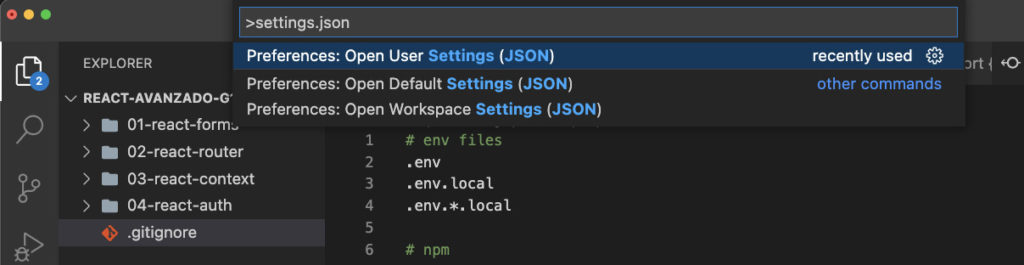 Acceder a configuración de VS Code settings.json